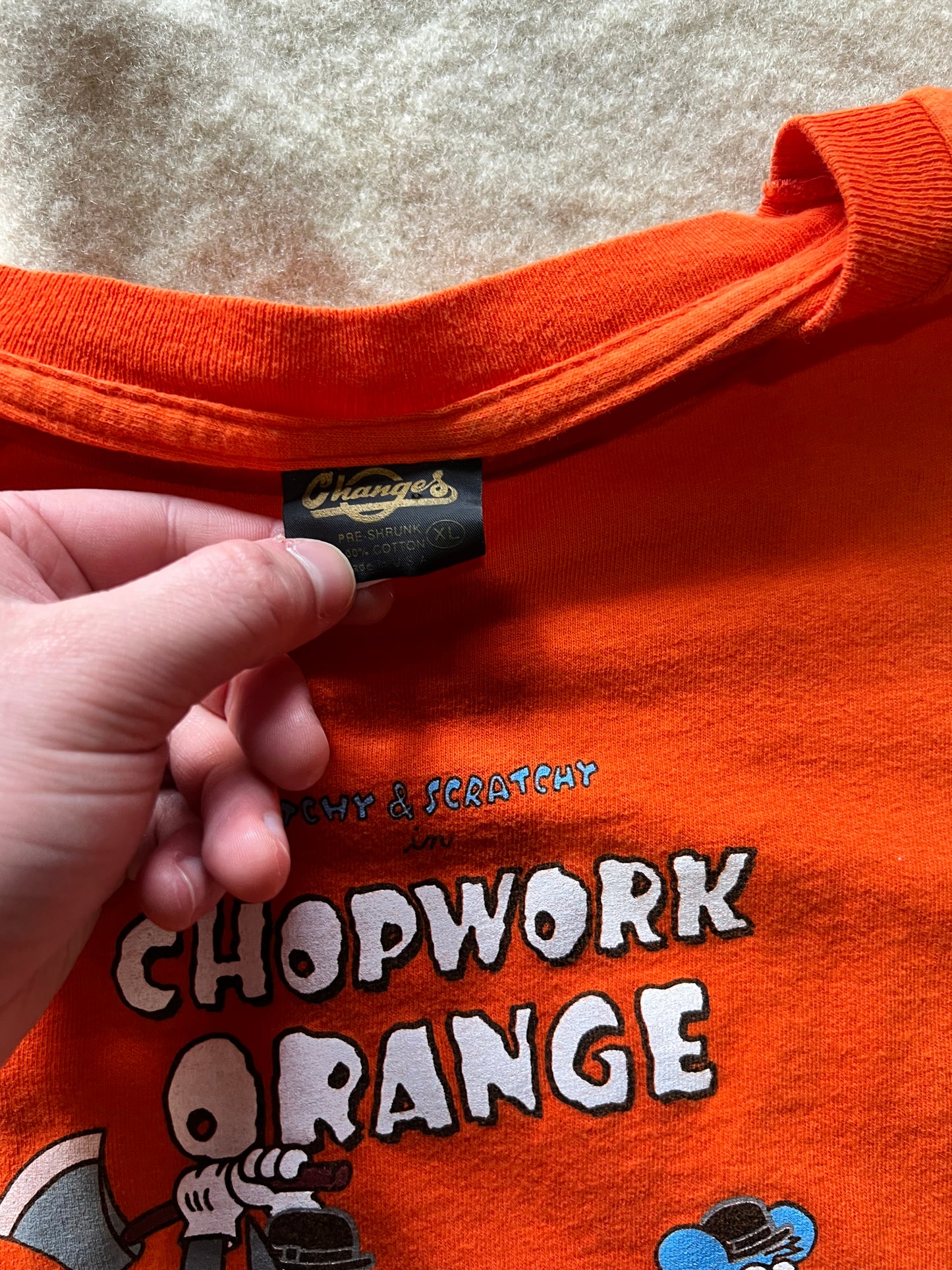 90s Itchy and Scratchy Chopwork Orange Shirt (XL)